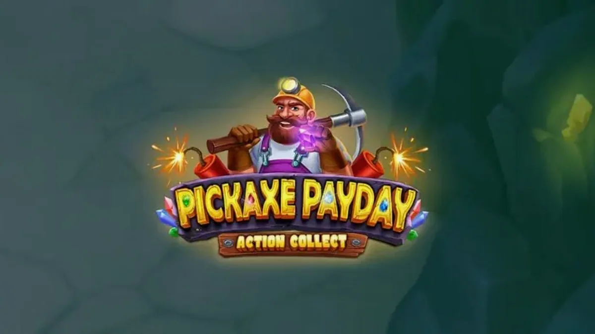 Isang visual na representasyon ng Pickaxe Payday slot na may temang minahan at mga karakter na minero.