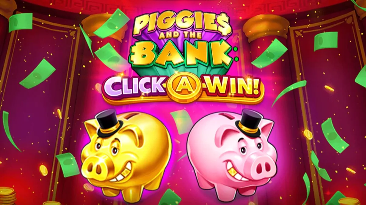 Piggies and the Bank: Click-A-Win slot game interface featuring a wealthy pig in a top hat.