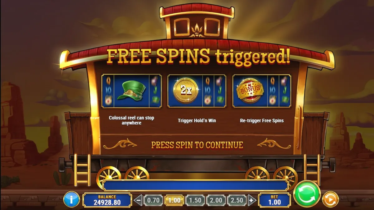 Isang visual na representasyon ng Track’n Gold slot na may temang tren sa lumang American West.